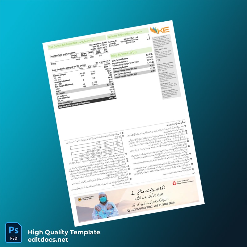 Pakistan K-Electric Editable Electricity Bill Template in Word and PDF formats page 2