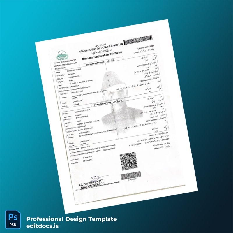Editable Pakistan Marriage Registration Certificate Template (Word&PDF) Page Preview