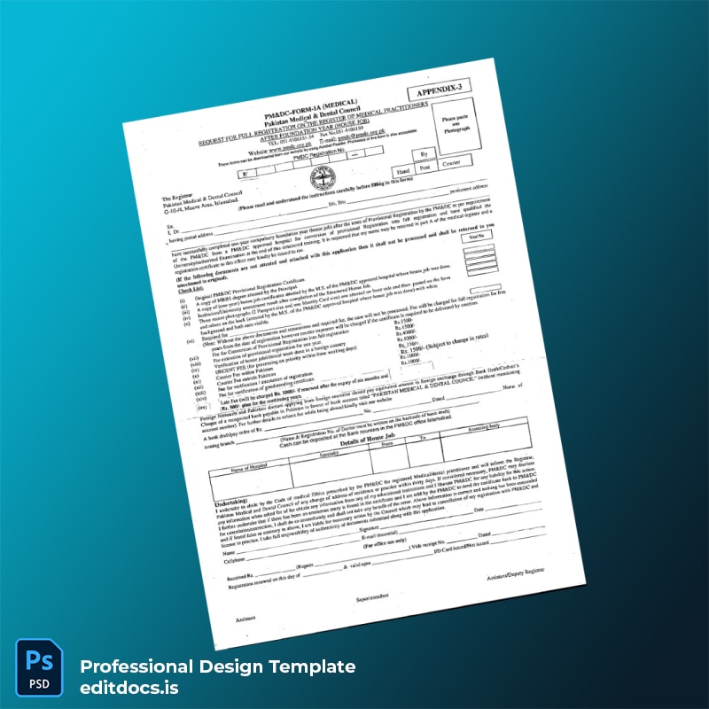 Editable Pakistan Medical Dental Council Full Registration Application Form Template (Word&PDF) Page Preview