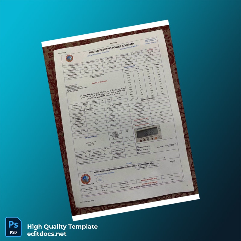 Pakistan Multan Electric Power Company Editable Electricity Bill Template in Word and PDF formats