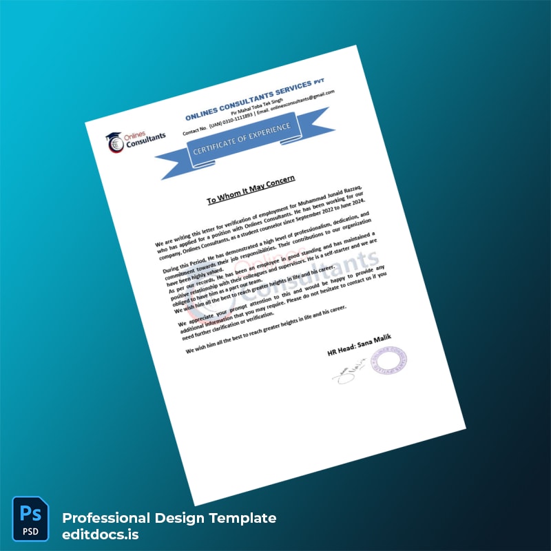 Editable Pakistan Onlines Consultants Employment Certificate Template (Word&PDF) Page Preview - EditDocs