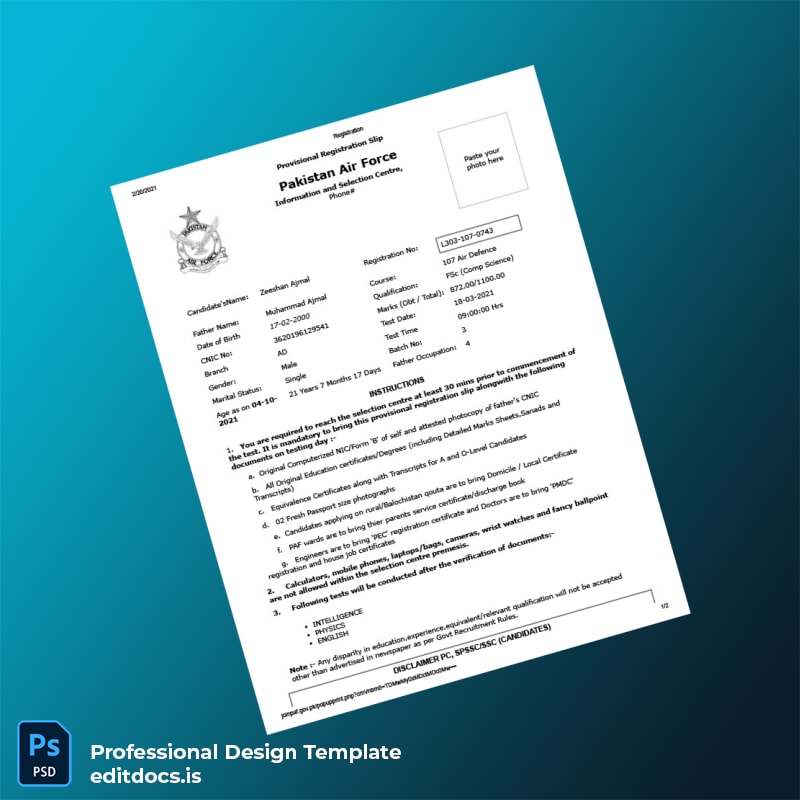 Editable Pakistan Pakistan Air Force Registration Certificate Template (Word&PDF) Page Preview - EditDocs