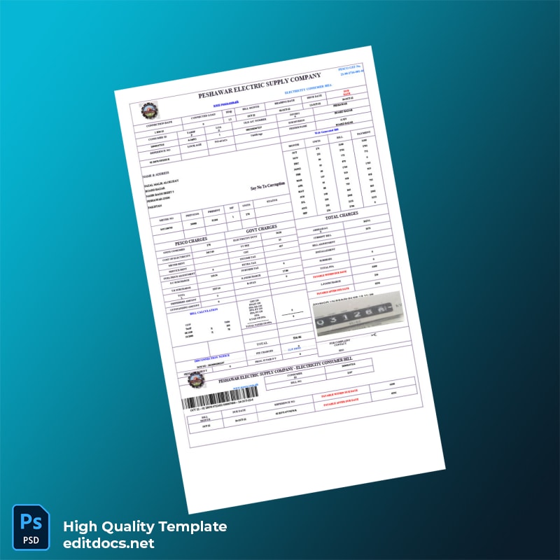 Pakistan Peshawar Electric Supply Company PESCO Editable Electricity Bill Template in Word and PDF formats