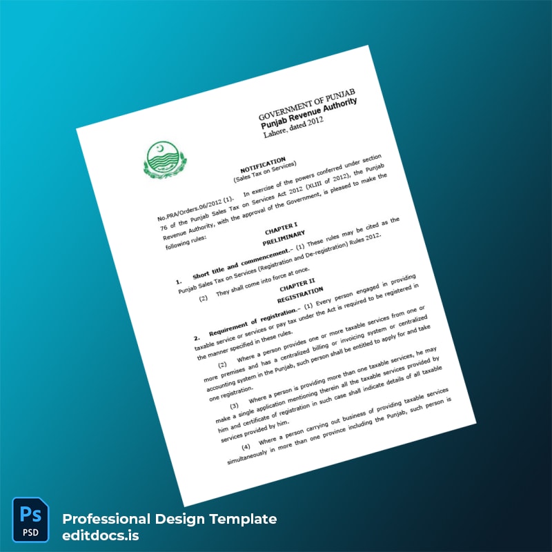 Editable Pakistan Punjab Revenue Authority Registration Certificate Template (Word&PDF) Page Preview - EditDocs