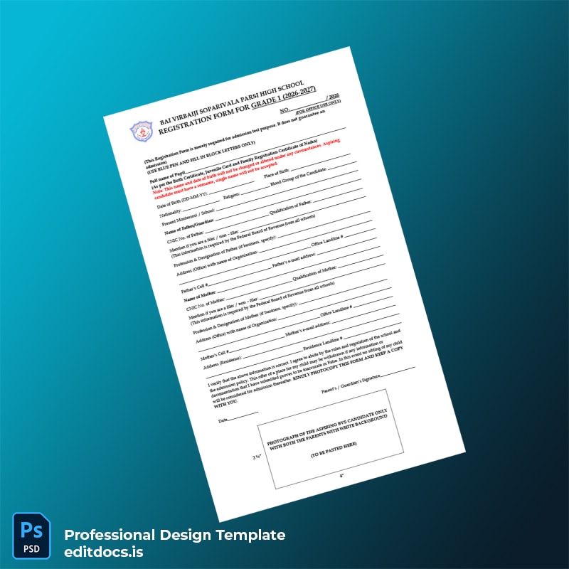 Editable Pakistan Registration Form for Grade 1 2026 1 Template in Word and PDF formats page 2 Page Preview - EditDocs