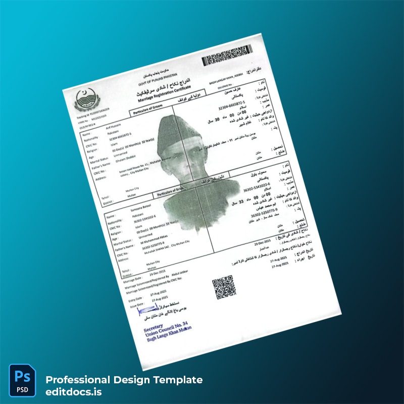 Editable Pakistan Union Council Marriage Registration Certificate Template (Word&PDF) Page Preview - EditDocs