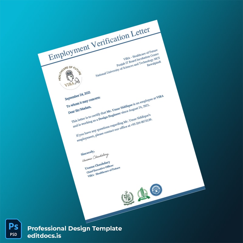 Editable Pakistan VIRA Healthcare of Future Employment Verification Letter Template (Word&PDF) Page Preview - EditDocs