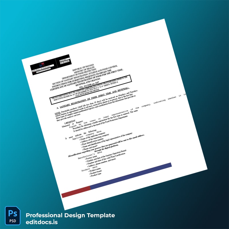 Editable Panama Ministry of Health Food Sanitary Registration Certificate Template (Word&PDF) Page Preview - EditDocs