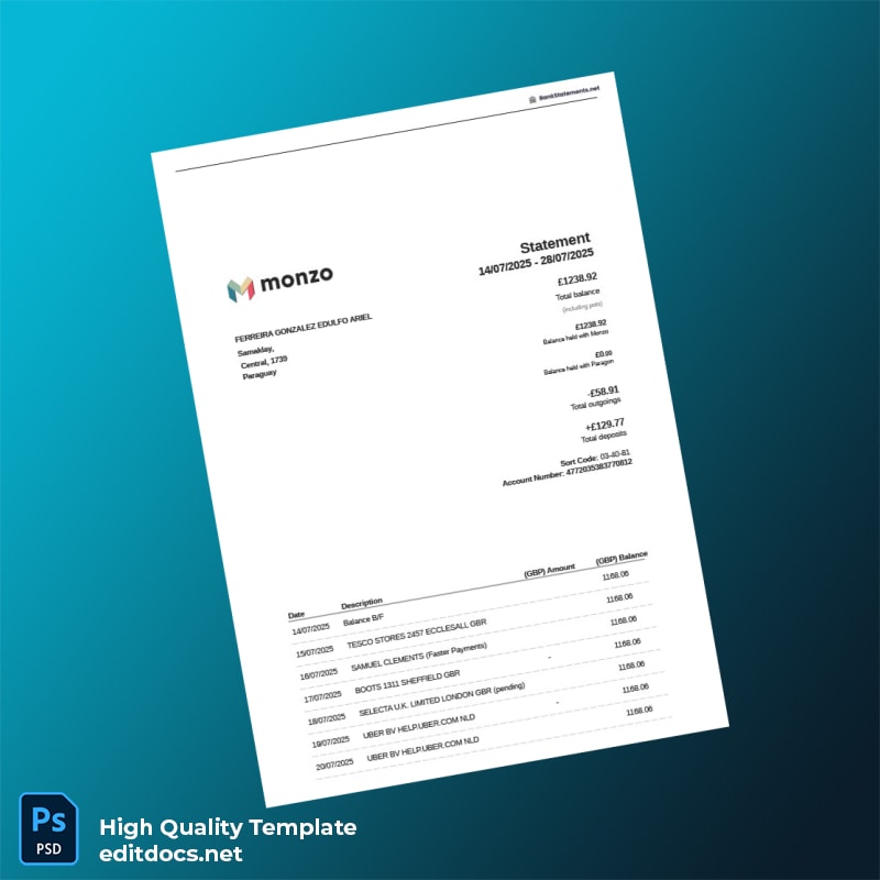 Paraguay Monzo Bank Statement Template in Word and PDF formats