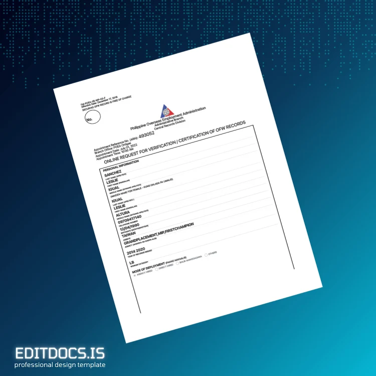 Editable Philippines POEA Employment Verification Letter Template (Word&PDF) Page Preview - EditDocs