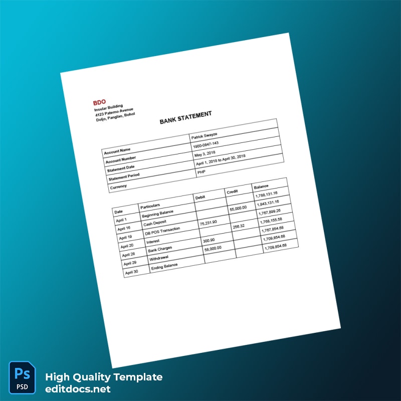 Philippines BDO Bank Statement Template in Word and PDF formats page 3