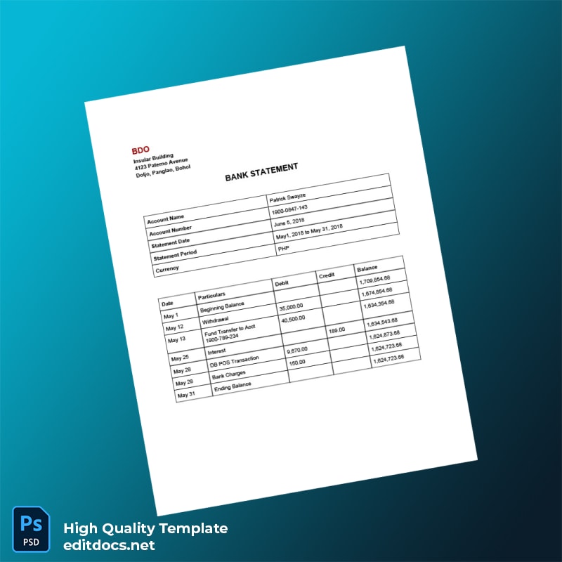 Philippines BDO Bank Statement Template in Word and PDF formats page 4