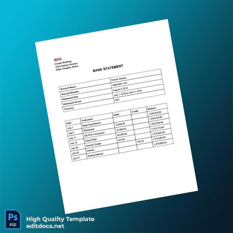 Philippines BDO Bank Statement Template in Word and PDF formats page 6