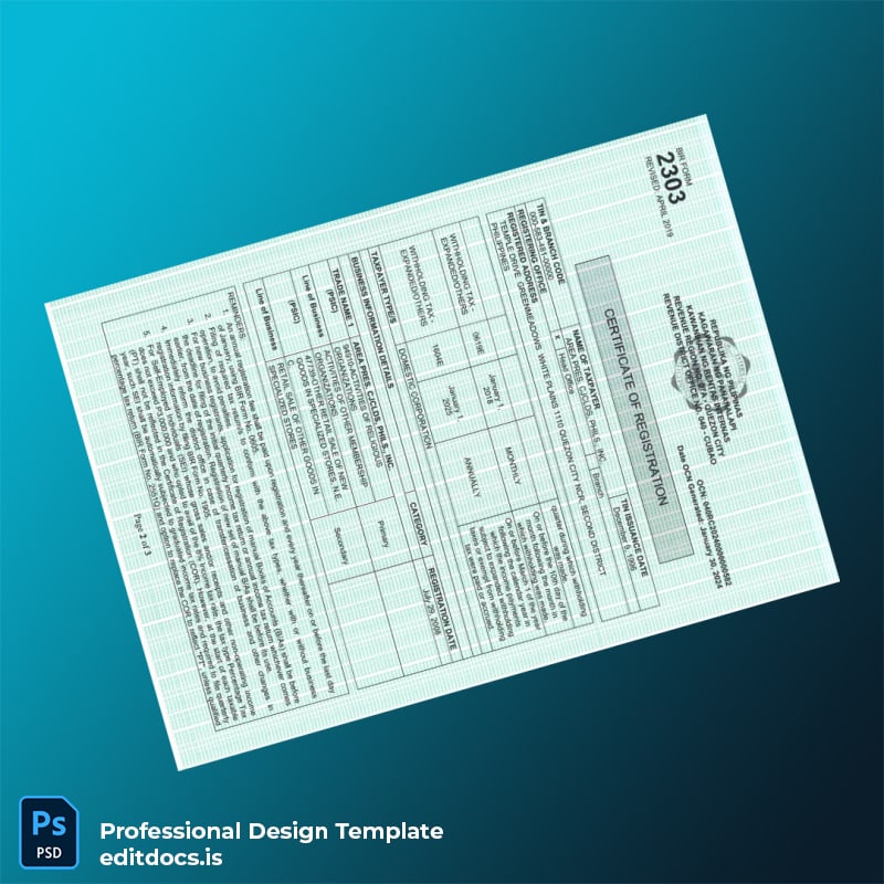 Editable Philippines Bureau of Internal Revenue Tax Registration Certificate Template in Word and PDF formats page 2 Page Preview - EditDocs