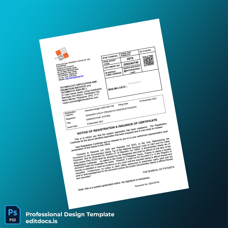 Editable Philippines Bureau of Patents Certificate of Registration Template in Word and PDF formats page 4 Page Preview