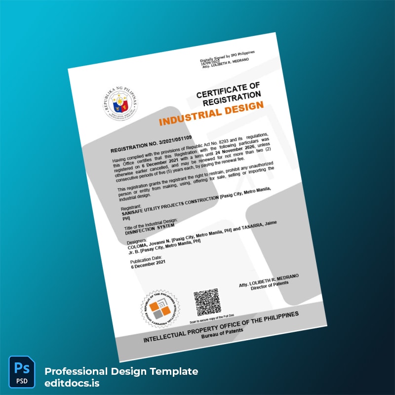 Editable Philippines Bureau of Patents Certificate of Registration Template (Word&PDF) Page Preview