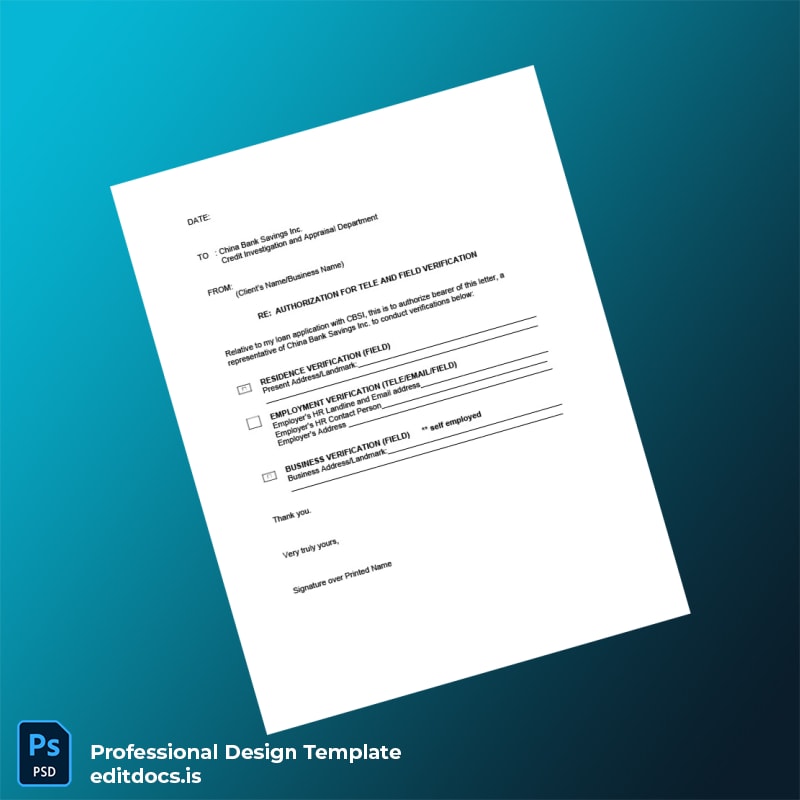 Editable Philippines China Bank Savings Inc Employment Verification Letter Template (Word&PDF) Page Preview - EditDocs