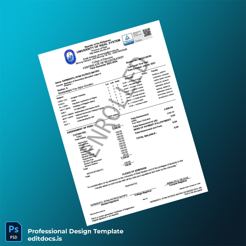 Editable Philippines College of Education Certificate of Registration Template (Word&PDF) Page Preview - EditDocs