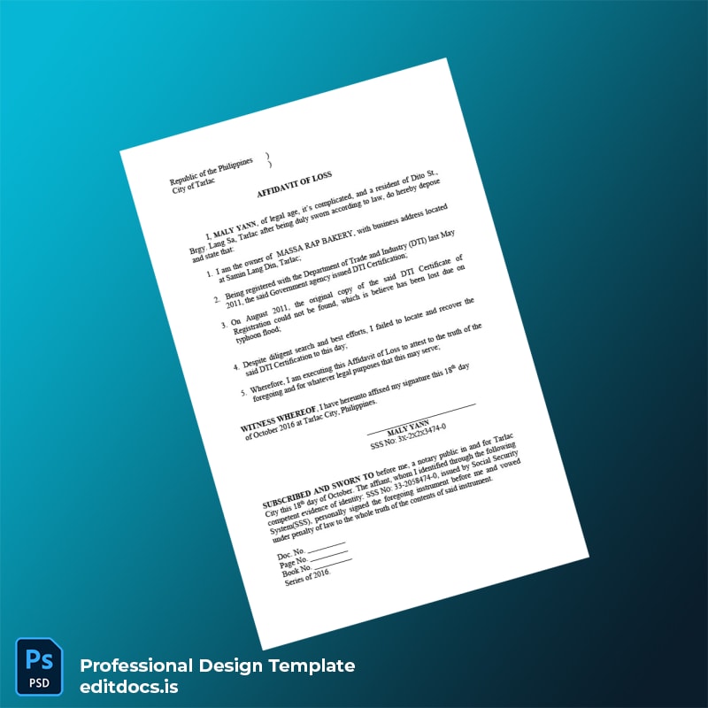 Editable Philippines Department of Trade and Industry Affidavit of Loss Template (Word&PDF) Page Preview - EditDocs