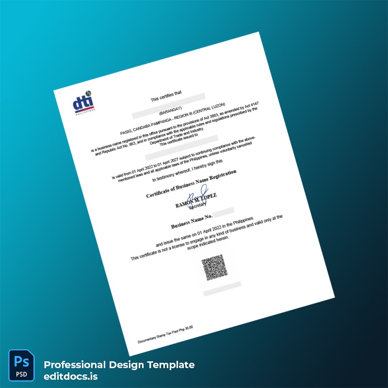 Editable Philippines Department of Trade and Industry Business Registration Certificate Template (Word&PDF) Page Preview - EditDocs