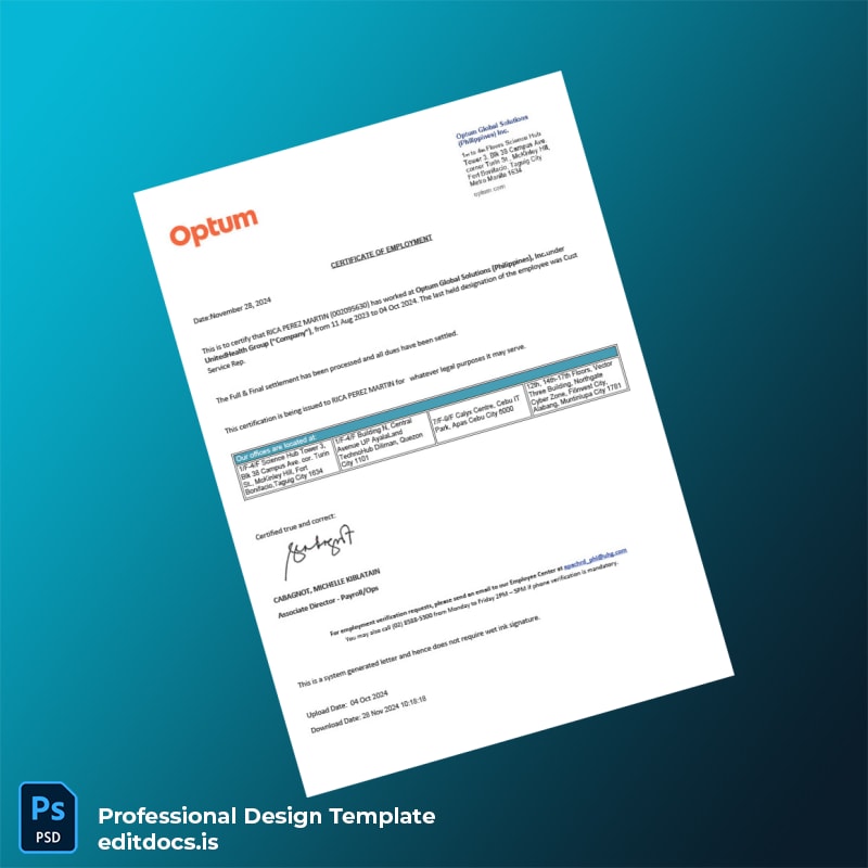 Editable Philippines Optum Global Solutions Employment Certificate Template (Word&PDF) Page Preview - EditDocs