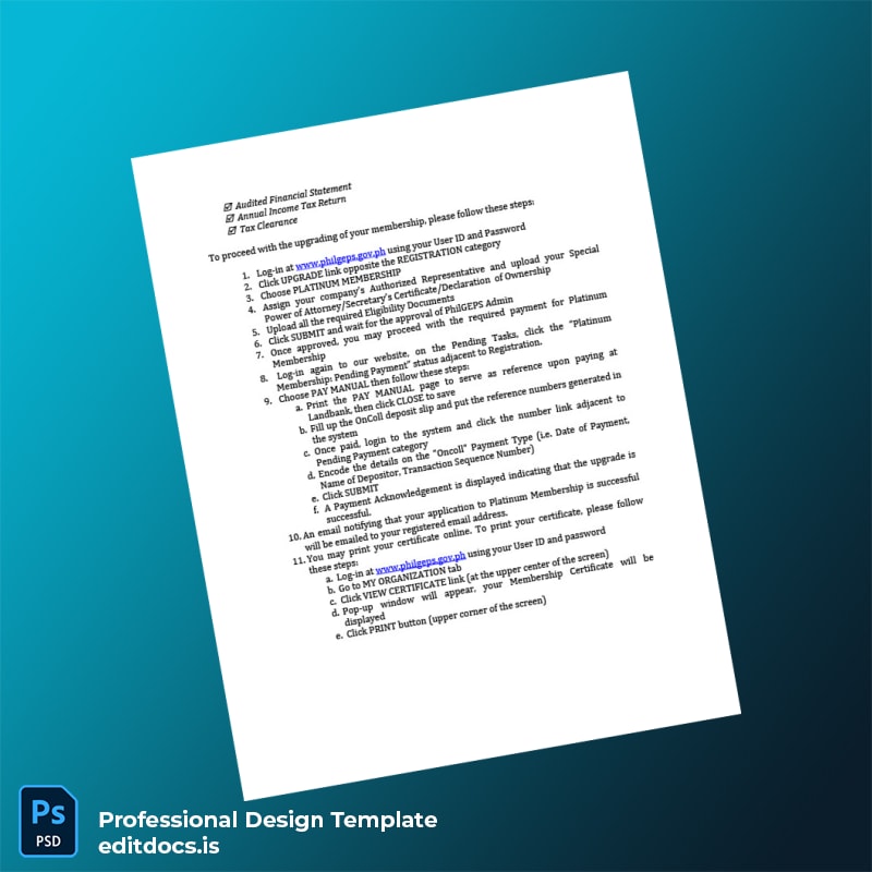 Editable Philippines PhilGEPS Certificate of Registration Template in Word and PDF formats page 2 Page Preview