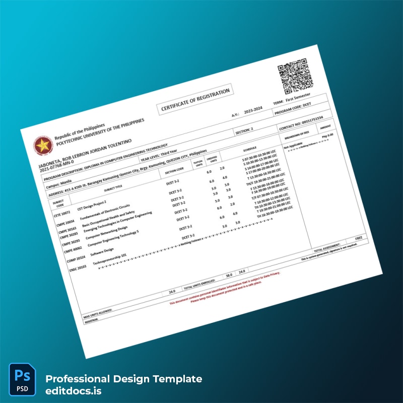 Editable Philippines Polytechnic University Student Registration Certificate Template (Word&PDF) Page Preview - EditDocs