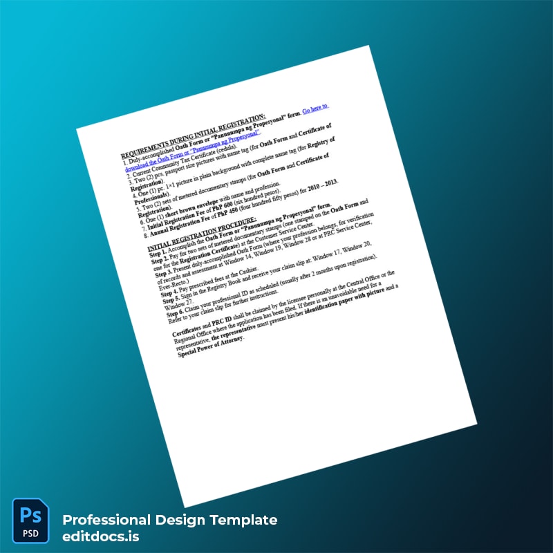 Editable Philippines Professional Regulatory Commission Registration Certificate Template (Word&PDF) Page Preview - EditDocs
