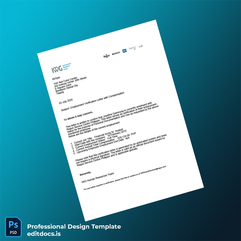 Editable Philippines Regus Service Centre Employment Verification Letter Template (Word&PDF) Page Preview - EditDocs