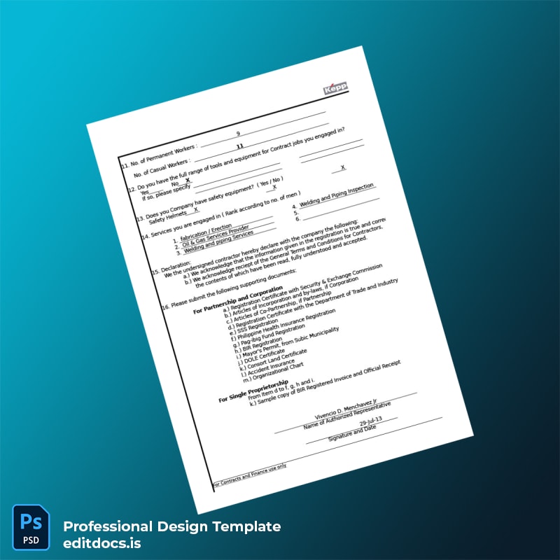 Editable Philippines Subcontractor Registration Form Template in Word and PDF formats page 2 Page Preview - EditDocs