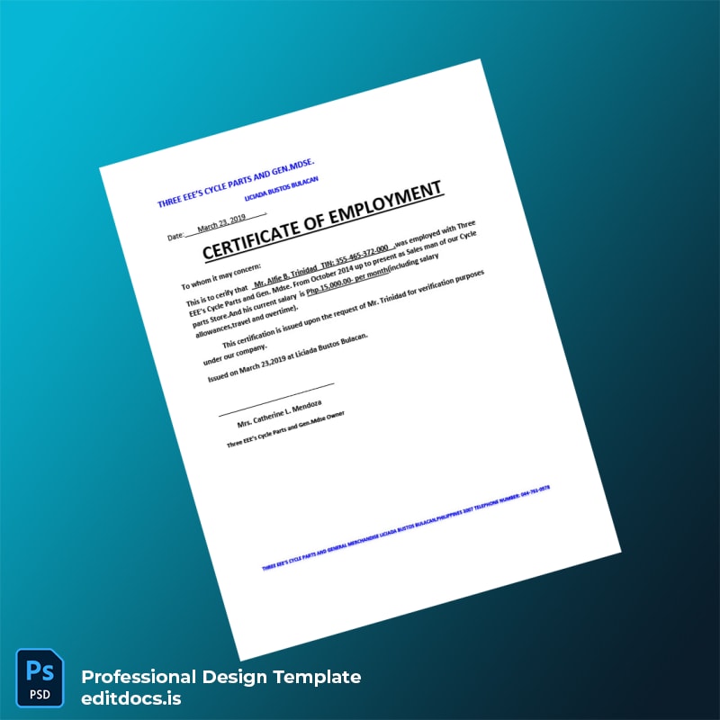 Editable Philippines Three EEE s Cycle Parts Employment Verification Letter Template (Word&PDF) Page Preview - EditDocs