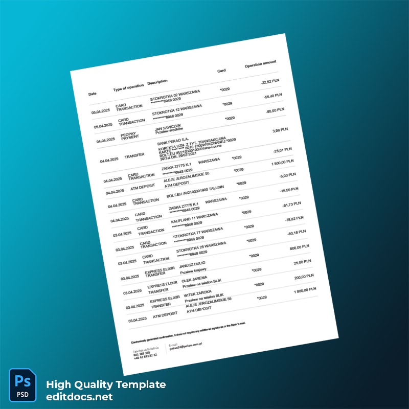 Poland Bank Pekao S A Billing Statement Template in Word and PDF formats page 2