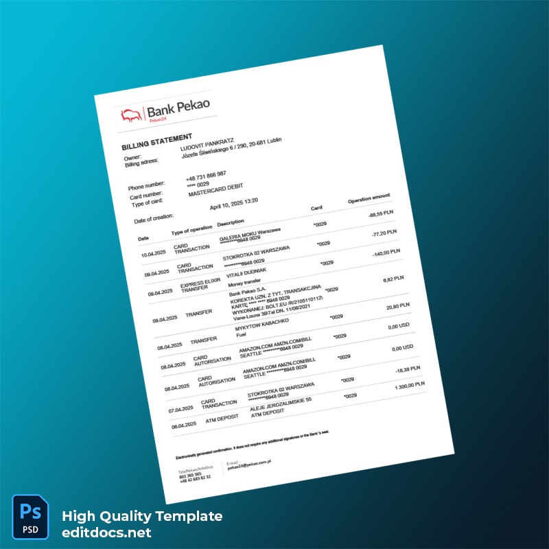 Poland Bank Pekao S A Billing Statement Template in Word and PDF formats