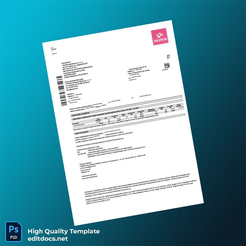 Poland TAURON Sprzeda Sp Z O O Editable Utility Bill Template in Word and PDF formats