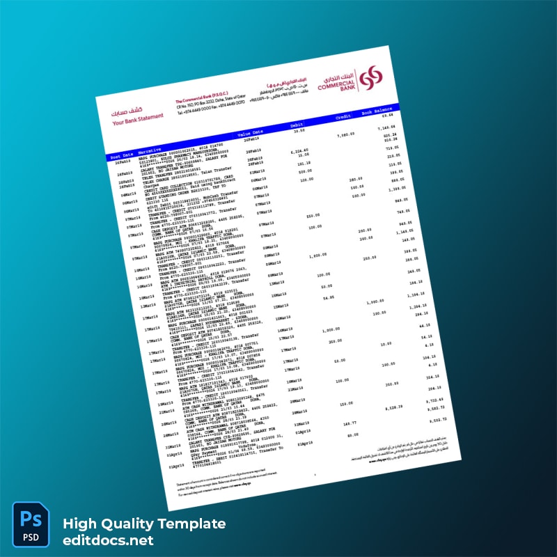 Qatar Bank Statement Template in Word and PDF formats page 2