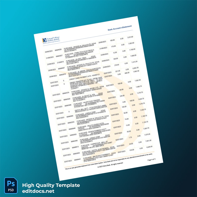 Qatar Doha Bank Statement Template in Word and PDF formats page 2