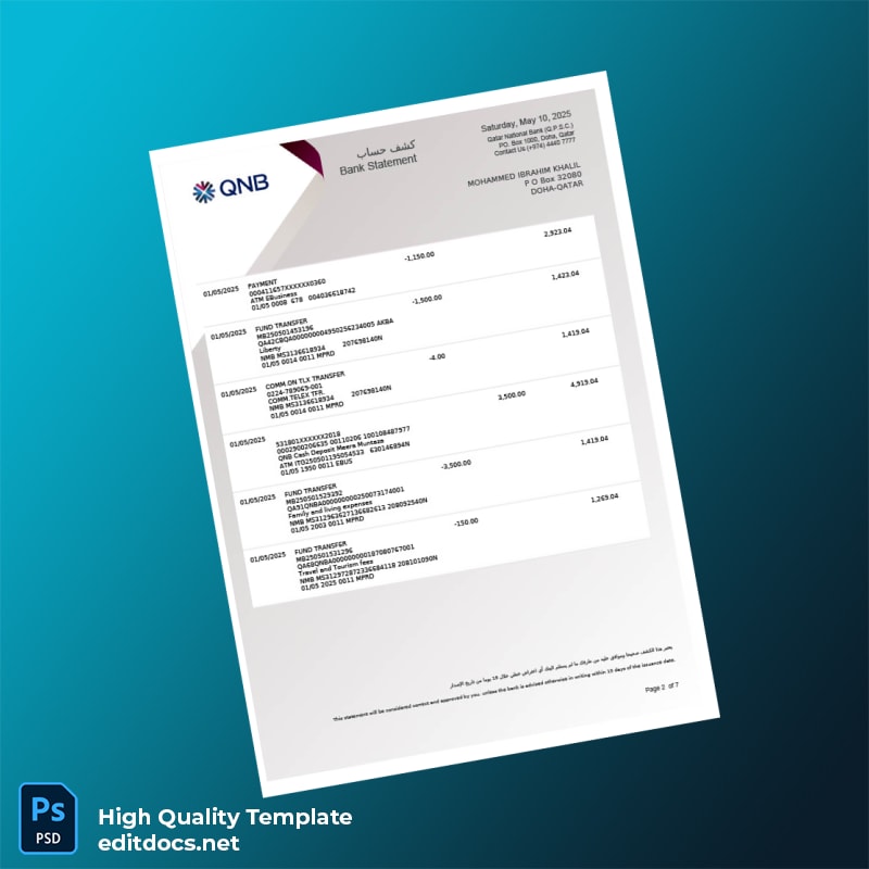 Qatar Qatar National Bank Account Statement Template in Word and PDF formats page 2