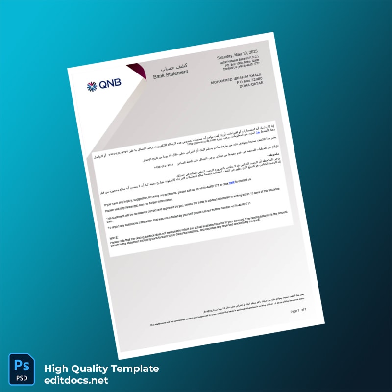 Qatar Qatar National Bank Account Statement Template in Word and PDF formats page 7
