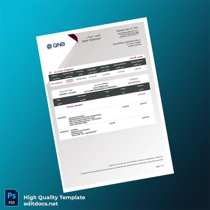Qatar Qatar National Bank Account Statement Template in Word and PDF formats