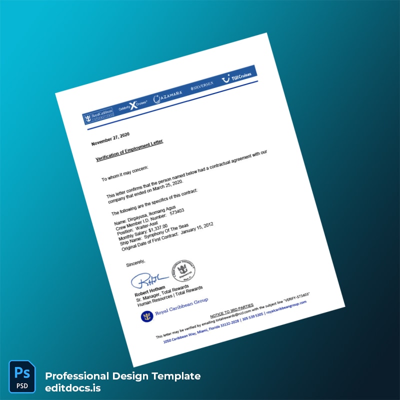 Editable Royal Caribbean Group Employment Verification Letter Template (Word&PDF) Page Preview - EditDocs
