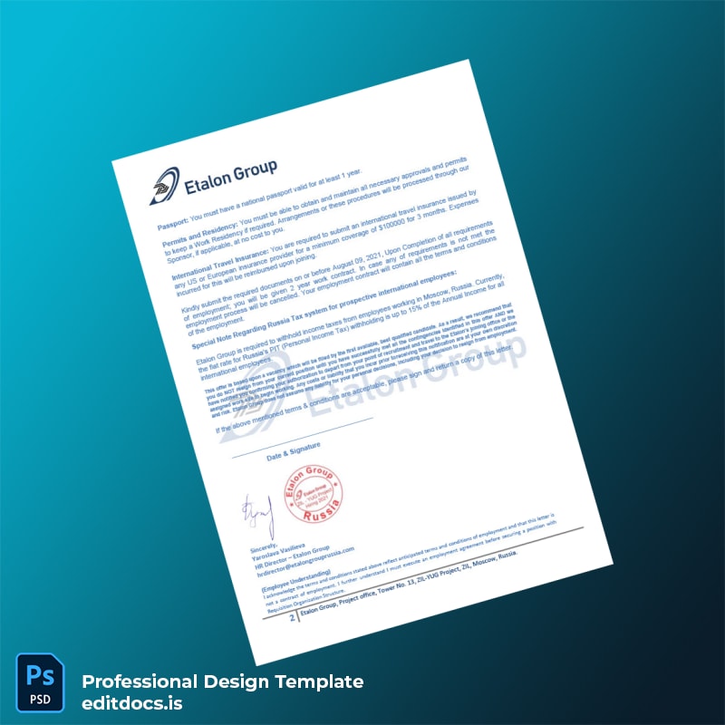 Editable Russia Etalon Employment Verification Letter Template in Word and PDF formats page 2 Page Preview - EditDocs