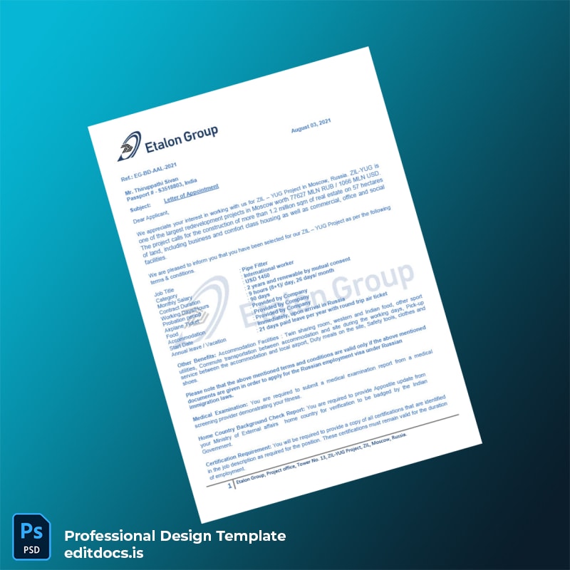 Editable Russia Etalon Employment Verification Letter Template (Word&PDF) Page Preview - EditDocs