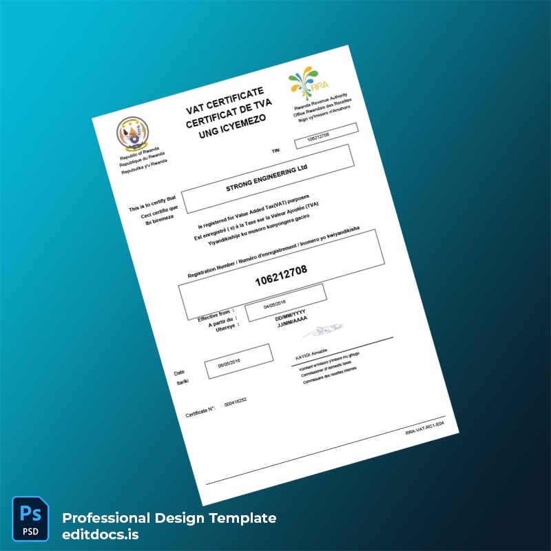 Editable Rwanda Rwanda Revenue Authority VAT Registration Certificate Template (Word&PDF) Page Preview - EditDocs