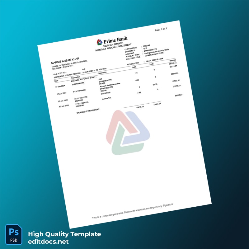 Salary Bank Statement Template in Word and PDF formats page 2