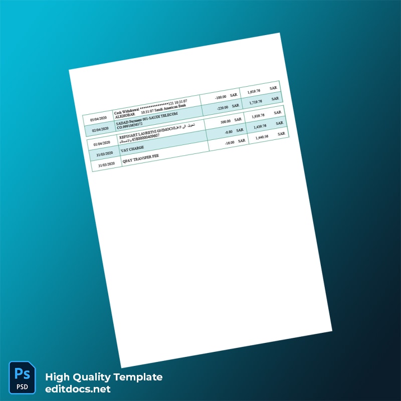 Saudi Arabia NCB Bank Statement Template in Word and PDF formats page 2