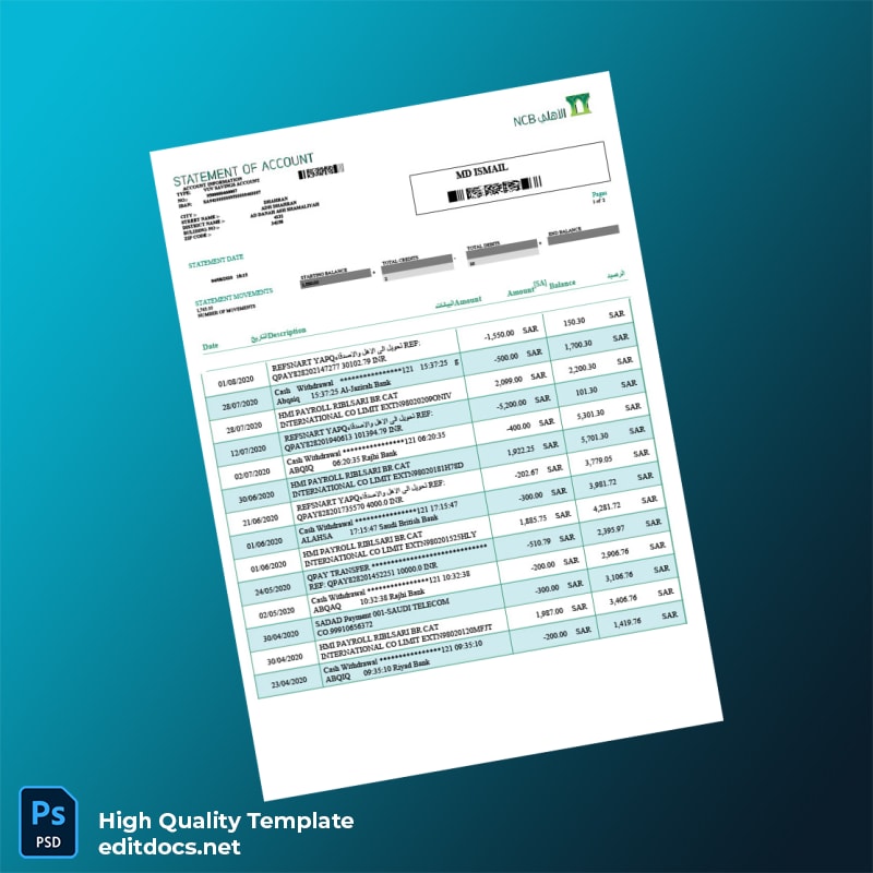Saudi Arabia NCB Bank Statement Template in Word and PDF formats