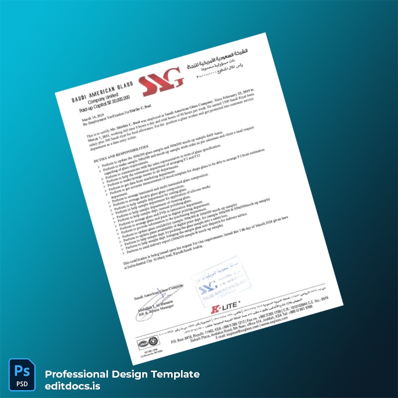 Editable Saudi Arabia Saudi American Glass Company Employment Verification Letter Template (Word&PDF) Page Preview - EditDocs