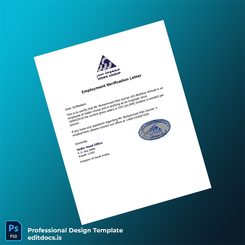 Editable Saudi Arabia Seder Group Employment Verification Letter Template (Word&PDF) Page Preview - EditDocs