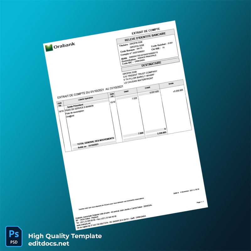 Senegal Orabank Bank Statement Template in Word and PDF formats