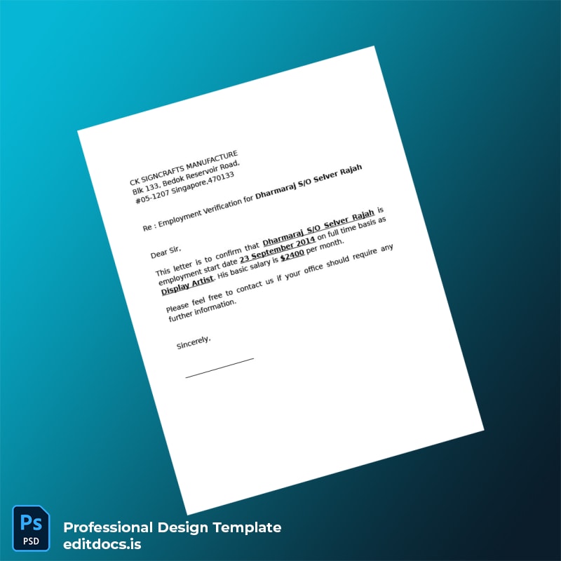 Editable Singapore CK Signcrafts Manufacture Employment Verification Letter Template in Word and PDF formats page 4 Page Preview - EditDocs